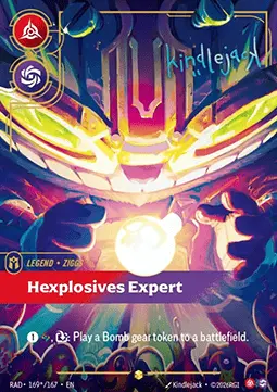 Riftbound Radiance Ziggs Hexplosives Expert - kolekcjonerska karta Legend związana z mechaniką Bomb Tokens