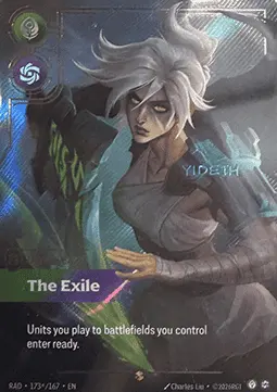 Riftbound Radiance Riven The Exile - kolekcjonerska karta Legend z podpisem artysty i mroczną ilustracją